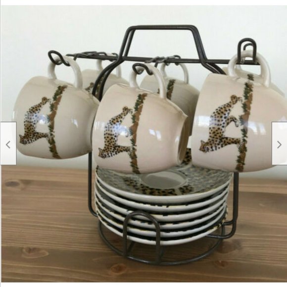 Safari Coffee Tea Cup & Saucer Set with Wire Carryall Tiger Zebra L Dake & ZN - Picture 1 of 12